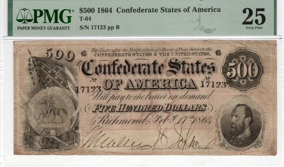 T-64 PF-2 1864 $500 Confederate Paper Money - PMG Very Fine 25 - Image 1 of 2