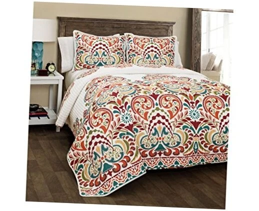  Clara Quilt 3 Piece Reversible Bedding Set King Turquiose & Tangerine - Image 1 of 3