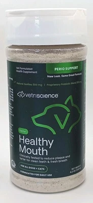 Polvo para el cuidado dental de la boca saludable VetriScience para gatos y perros 4,2 oz.  Foto 1 de 4