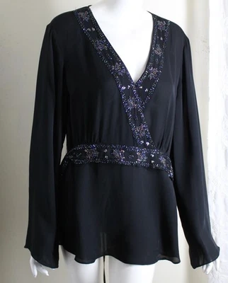 Blusa Camisa Top ECI Talla 18 Negra 100% Seda Gitana Exquisita Cuentas Envolvente XL 1X Foto 1 de 4