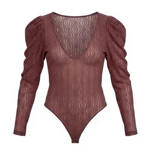 Haute Monde Body Bluse Größe Large transparente Spitze tiefer Ausschnitt Bein O' Hammel Puff - Bild 1 von 10