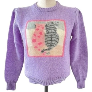 Vintage Eagles Eye Sweater Purple Pastel Cat Fairy Kei Kawaii Puff Sleeves Sz 34 - Picture 1 of 13