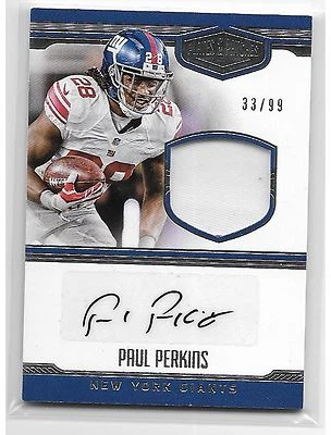 Paul Perkins 2016 Plates & Patches Player-Worn Patch 33/99 Out-of-Pack Giants - Image 1 of 2