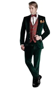 Hombres Traje Calce Ajustado Verde Terciopelo Esmoquin Traje Boda Fiesta Ropa Cena Abrigo Pantalones - Imagen 1 de 6