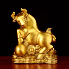 Wealthy Gold Bull Statue on Pedestal - Feng Shui Good Luck Gift