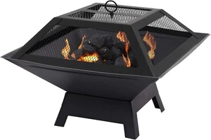 Outdoor Fire Pit with BBQ Grill – Steel Heater with Mesh Lid, Poker & Ash Tray - Picture 1 of 6
