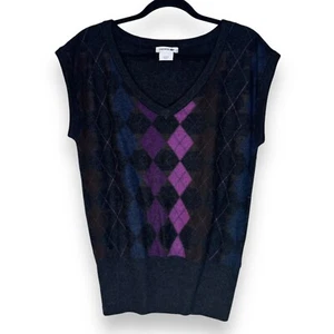 Lacoste Size 42 Large V-Neck Argyle Sweater Cap Sleeve Navy Blue Wool Cashmere - Picture 1 of 10