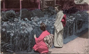 Japanese Women Horkiri Iris Garden Tokyo Japan Colorized Postcard 1918 - Picture 1 of 2
