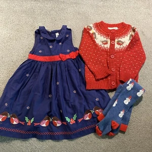 Jojo Maman Bebe Dress & Cardigan Set Girl 12-18 Mths Embroidery Christmas Robin - Picture 1 of 9