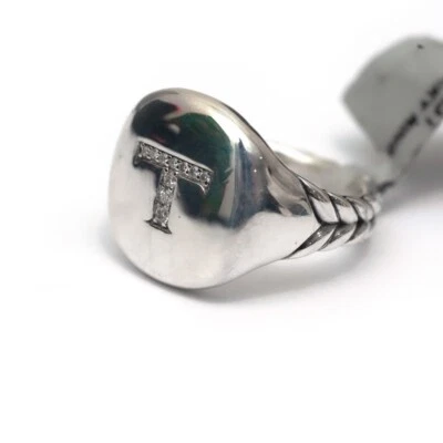 Anillo DAVID YURMAN Nuevo Pavé Inicial Letra T Pinky en Diamante y Plata Talla 3 Foto 1 de 4