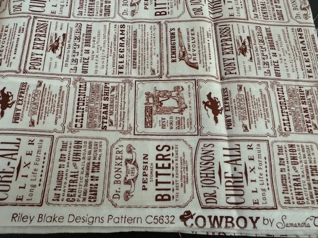 Cowboy Fabric by Samantha Walker for Riley Blake 1.5 Yards x WOF Western Adverts - Image 1 of 3