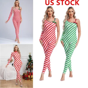 Women Candy Cane Costumes Christmas Striped One-piece Full Jumpsuit Bodysuit - Picture 1 of 43