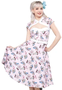 Abito Hell Bunny rosa Madeline Roses giostra carnevale aderente svasato cappuccio manica XL - Foto 1 di 11