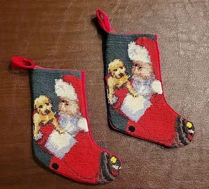 L.L. BEAN Set Of 2 Miniature Needlepoint Christmas Stockings With Santa & Puppy - Picture 1 of 9
