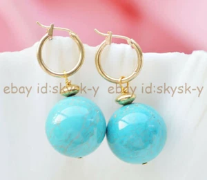 20mm Natural Blue Turquoise Round Beads Dangle Gold-plated Leverback Earrings AA - Picture 1 of 4