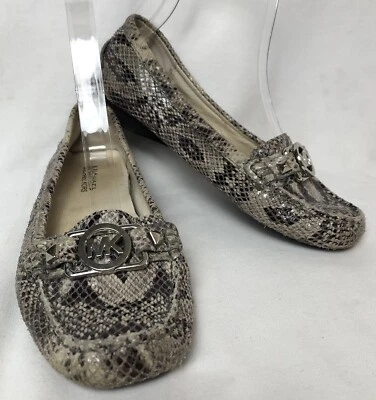 Michael KORS Mocasines Planos Mujer Talla 6M Cuero Genuino Gris Estampado Animal Logo Foto 1 de 4