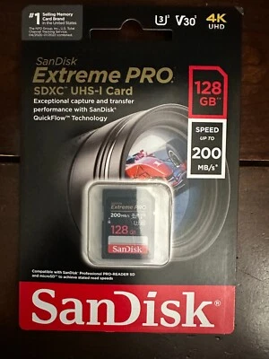 SanDisk Extreme PRO 128GB UHS-I U3 SDXC 200MB/s 4K Memory Card - NEW SEALED - Image 1 of 2