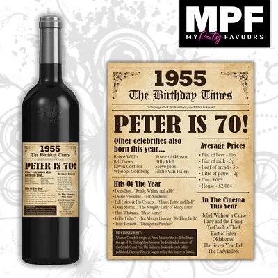 Personalised 1955 70th Birthday Wine Gin Vodka Bottle Label - Newspaper - Image 1 of 4
