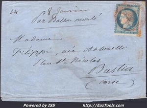 FRANCE N°37 SUR BALLON MONTÉ LE DUQUESNE CAD ROUGE PARIS SC DU 08/01/1871 - Picture 1 of 3