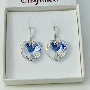 Heart Earring 14mm Jewellery Aurore Boreale Silver Made With Austrian Crystals - Picture 1 of 10