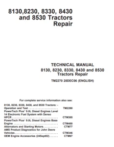 JOHN DEERE 8130 8230 8330 8430 8530 TRACTOR SERVICE REPAIR MANUAL  TM2270 - Picture 1 of 6