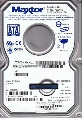 Maxtor 7B320S0 Code: BANC1WJ0 K,G,B,A s/n: B624GCDH 320GB SATA 3.5" HDD 906 - Image 1 of 2