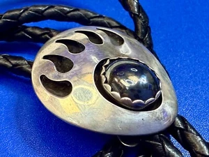 Bear Paw Black Onyx Sterling Silver Native American Indian Bolo Tie Signed M. M. - Picture 1 of 21