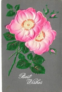 HEAVILY EMBOSSED ROSES ADD-ON BEST WISHES GREETINGS POSTCARD c1910 101525 U - Picture 1 of 2
