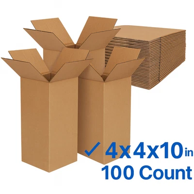 100 Cardboard Shipping Boxes 4x4x10 Kraft Corrugated Cartons Mailing Packing - Image 1 of 4