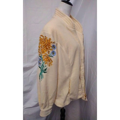 Vtg 1990s Bob Mackie Ivory Full Zip Boho Floral Embroidered Fleece Jacket 1X - Image 1 of 4