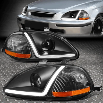[LED DRL]FOR 96-98 HONDA CIVIC BLACK HOUSING AMBER CORNER PROJECTOR HEADLIGHTS - Image 1 of 4