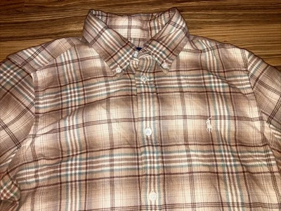 Polo Ralph Lauren Flannel Shirt Top Women Medium Beige Brown Plaid Pony Preppy - Image 1 of 4