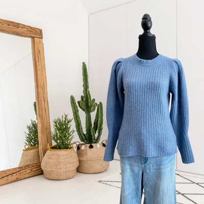 Elie Tahari Women's S Puff Sleeve Ribbed 100% Cashmere Knit Sweater Blue - Image 1 of 4