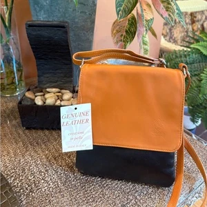 New Real Leather Made In Italy Black & Tan Crossbody Purse Shoulder Bag Neutral - Picture 1 of 6