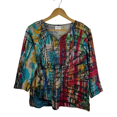 Blusa Abstracta Perejil y Salvia Mediana Multicolor Artística Elastizada Boho Cómoda Otoño Foto 1 de 4