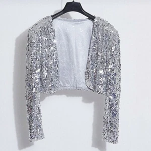 Lady Sequin Cardigan Short Coat Jacket Long Sleeve Shiny Glitter Club Dance - Picture 1 of 14