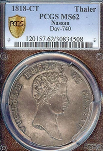 German States Nassau 1818 CT Taler Coin Thaler PCGS MS 62 F.Stg Deutschland RARE - Picture 1 of 3