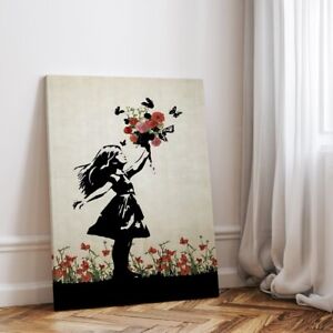 ✅ Banksy Street Art Poster Pop Art Leinwand Bild Druck Kind mit Blumen groß XXL