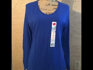 Women's Hanes Originals Royal Blue Long Sleeve Cotton V Neck Tee Shirt Size M - Picture 1 of 6