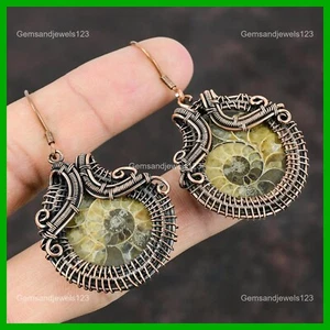 Valentines Deal Copper Ammonite Fossil Gemstone Dangle New Wire Wrapped Earrings - Picture 1 of 6