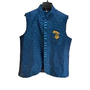 Mens Blue Brocade Silk Vest With Mandarin Collar Buttons Size XL Formal Wedding - Picture 1 of 9
