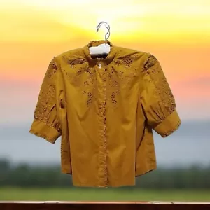 J Crew Mustard Gold Blouse Size M Cotton Embroidered Mock Neck SSleeve Cut Outs - Picture 1 of 9