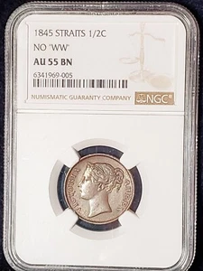 1845 Straits Settlement 1/2C Half Cent NGC AU55BN NO WW KM#2 Copper East India - Picture 1 of 4
