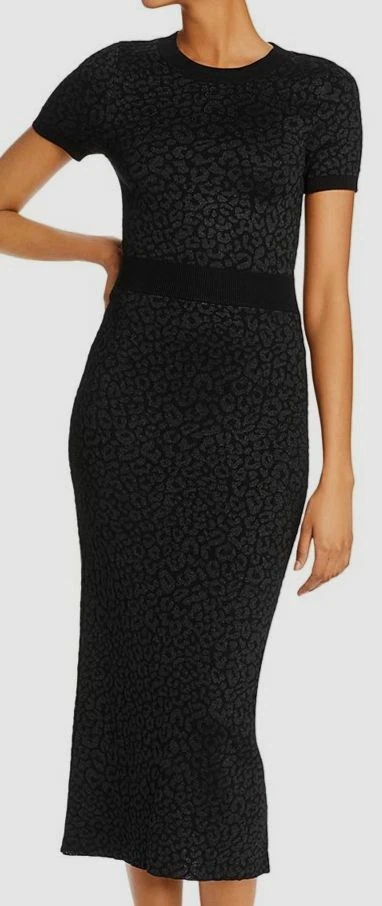 The Kooples Womens Black Stretch Round-neck Leopard Metallic Sheath Dress 2