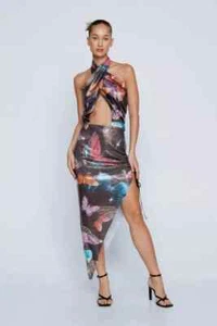 Nasty Gal Petite Women Printed Butterfly Sequin Halterneck Midi Dress in Size 10 - Picture 1 of 4