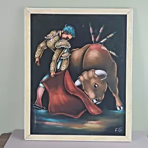 Velvet Acrylic Painting Matador Bull Fighter Artwork Framed 18.5X15in Sign FG - Picture 1 of 8