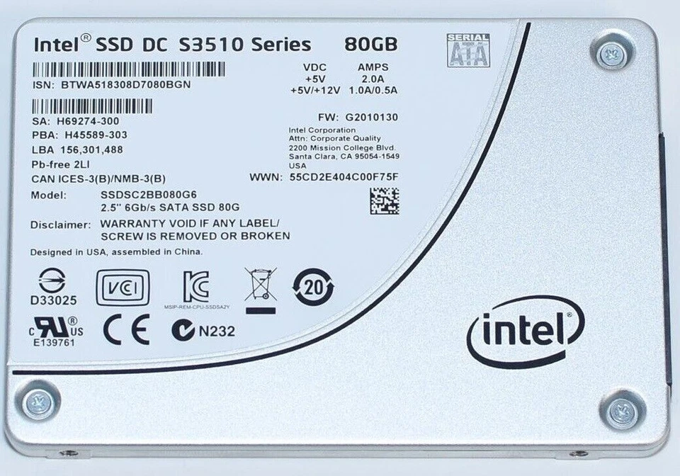 80GB Intel S3510 Series SSDSC2BB080G6 SATA 2.5 Internal Solid State Drive - Image 1 of 1