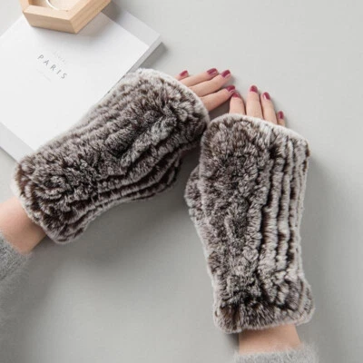 Ladies Furry Real Rabbit Fur Gloves Plush Knit Fingerless Half Mittens Fashion - Image 1 of 4