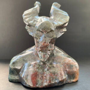 275g Natural Ocean Jasper Carved ox’s horn Head,Quartz Crystal Skull,Healing