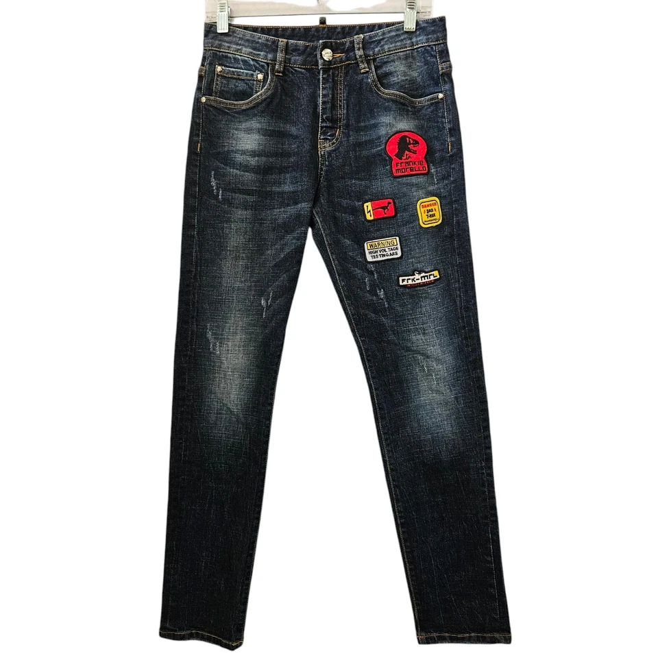 Pantalones de mezclilla Frankie Morello para hombre talla 29x30,5 GF parches europeos desgastados oscuro grunge Foto 1 de 4